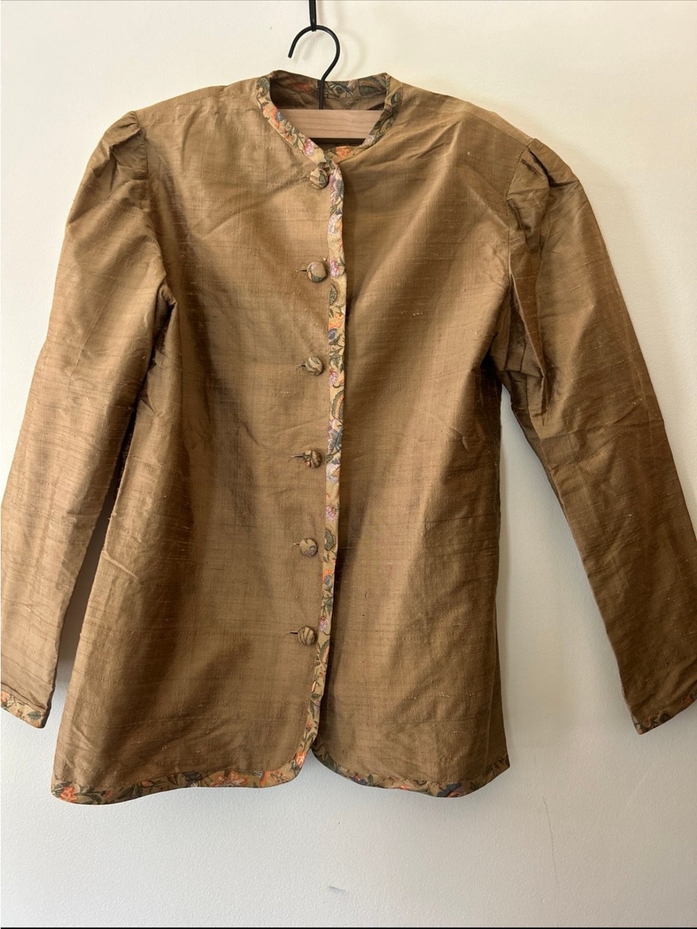 Silk Brown Mandarin Collar Jacket with Floral Trim with Skirt Small